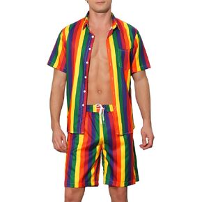 Lars Amadeus Rainbow Hawaiian Sets 2 Pieces for Men's Vacation Beach Shirt and Shorts Sets