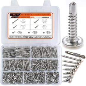 Self Tapping Screws Assortment Kit for Metal, Modified Truss Head #8 Sheet Metal Screws, 410 Stainless Steel Self Drilling Screws, 330 pcs, Includes 7 Lengths from1/2" to 2"