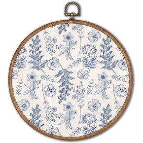 KSDUT Blue Flowers Wall Art Decor - Boho Chinoiserie Flower Textile Wall Art Canvas Frame Hanging Prints, Navy Blue Botanical Wall Art Decor for Grandmillennial Home Bedroom Decorations 8"x8"