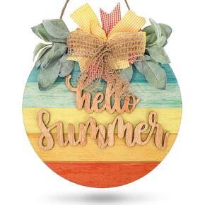 Whaline Hello Summer Wooden Hanging Sign Summer Welcome Sign Front Door with Bow Rustic Gradient Color Wood Sign Door Hanger for Summer Holiday Farmhouse Home Office Shop Window