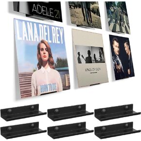 BiJun Vinyl Wall Mount 6 Pack, Black Metal Vinyl Holder Wall Display Shelf Record Wall Mount Stand for Albums LP Minimalist Vinyl Record Wall Storage Set for CD Display in Office Home