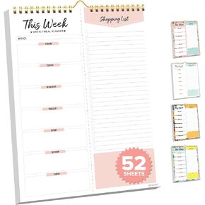 Decorably Meal Planner Pad with Shopping List Minimalist - Menu Planner for Fridge, 52 Easy Tear-Off Sheets Meal Planning Notepad, 7x10in Spring-Bound Magnetic Meal Planner for Refrigerator