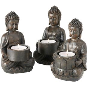 WHW Whole House Worlds Global Chic Museum Quality Baby Buddha Tea Light Holders, Set of 3, Antiqued Patina Made of Cast Poly Resin, 5 Tall x 3.5 Wide Inches
