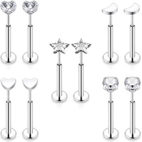 Cisyozi 18G 20G 16G Push in Flat Back Nose Ring Studs Hypoallergenic Surgical Steel Threadless CZ Moon Heart Nose Stud Set for Women Men Nostril Piercing Jewelry 6mm Bars Tops Size 3mm