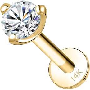 14K Real Gold Lip Rings Stud, 16g Internally Thread Ashley Piercing Lip Jewelry, Simulated Diamond CZ - 2.5mm 3mm, 18g Nose Conch Helix Tragus Labret Stud for Women Men