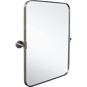 Hamilton Hills 16x24 inch Brushed Silver Metal Framed Mirror | Pivot Mirrors for Bathrooms | Rounded Corner Rectangular Frame with Tilt Mirror Brackets | Adjustable & Tilting Farmhouse Wall Vanity
