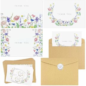 30Pcs Bridal Thank You Cards with Envelopes and Stickers,7.9x6.3 Inches Vintage Flower Greeting Cards,Floral Thank You Cards for Bridal Shower,Wedding,Birthday,Party,Baby Shower