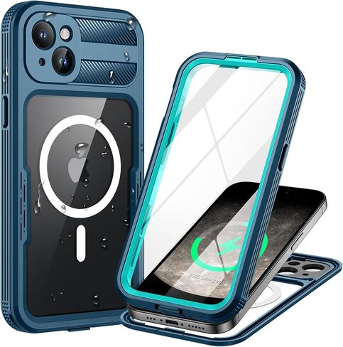 Lanhiem Magnetic for iPhone 15 Pro Max Case, IP68 Waterproof Dustproof Case, [Compatible with Magsafe] [Built-in Screen Protector] Full Body Heavy Duty Rugged Phone Cover 6.7 inch, Black/Clear in Saudi Arabia