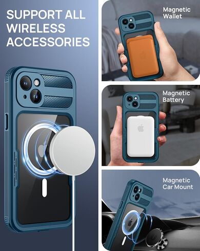 Lanhiem Magnetic for iPhone 15 Pro Max Case, IP68 Waterproof Dustproof Case, [Compatible with Magsafe] [Built-in Screen Protector] Full Body Heavy Duty Rugged Phone Cover 6.7 inch, Black/Clear in Saudi Arabia