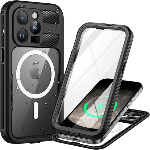 Lanhiem Magnetic for iPhone 15 Pro Max Case, IP68 Waterproof Dustproof Case, [Compatible with Magsafe] [Built-in Screen Protector] Full Body Heavy Duty Rugged Phone Cover 6.7 inch, Black/Clear in Saudi Arabia
