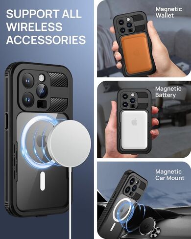 Lanhiem Magnetic for iPhone 15 Pro Max Case, IP68 Waterproof Dustproof Case, [Compatible with Magsafe] [Built-in Screen Protector] Full Body Heavy Duty Rugged Phone Cover 6.7 inch, Black/Clear in Saudi Arabia