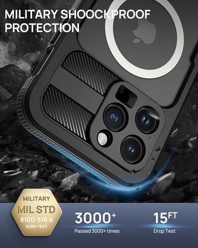 Lanhiem Magnetic for iPhone 15 Pro Max Case, IP68 Waterproof Dustproof Case, [Compatible with Magsafe] [Built-in Screen Protector] Full Body Heavy Duty Rugged Phone Cover 6.7 inch, Black/Clear in Saudi Arabia