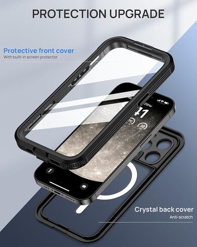 Lanhiem Magnetic for iPhone 15 Pro Max Case, IP68 Waterproof Dustproof Case, [Compatible with Magsafe] [Built-in Screen Protector] Full Body Heavy Duty Rugged Phone Cover 6.7 inch, Black/Clear in Saudi Arabia