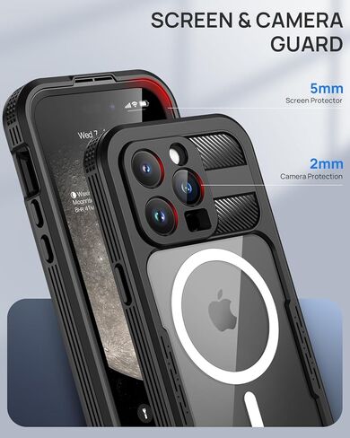 Lanhiem Magnetic for iPhone 15 Pro Max Case, IP68 Waterproof Dustproof Case, [Compatible with Magsafe] [Built-in Screen Protector] Full Body Heavy Duty Rugged Phone Cover 6.7 inch, Black/Clear in Saudi Arabia