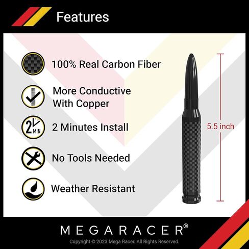 هوائي Mega Racer 50 Cal Bullet - ألياف الكربون الأسود 5.5 بوصة متوافق مع AM/FM مناسب عالمي للسيارات، ألومنيوم صلب بتصميم مضاد للسرقة وآمن لغسل السيارة in Kuwait