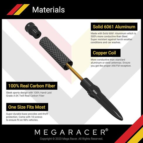 هوائي Mega Racer 50 Cal Bullet - ألياف الكربون الأسود 5.5 بوصة متوافق مع AM/FM مناسب عالمي للسيارات، ألومنيوم صلب بتصميم مضاد للسرقة وآمن لغسل السيارة in Kuwait