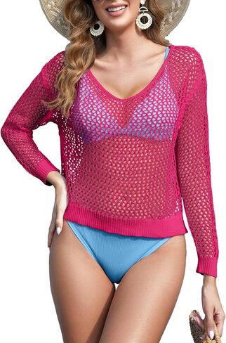 Women's Crochet Cover Up Hollow Out Long Sleeve Top See Through Sexy Vacation Outfits in Saudi Arabia