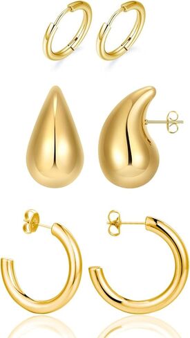 3 Pairs Hoop Earrings Set with Gold and Silver Plated | 18K Gold Plated 26mm Waterdrop Hollow Open Hoops | 14K Gold Plated 30mm Tube Hoops |14mm Huggie Hoops Fashion Jewelry Earrings in Saudi Arabia