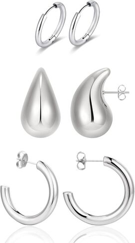 3 Pairs Hoop Earrings Set with Gold and Silver Plated | 18K Gold Plated 26mm Waterdrop Hollow Open Hoops | 14K Gold Plated 30mm Tube Hoops |14mm Huggie Hoops Fashion Jewelry Earrings in Saudi Arabia