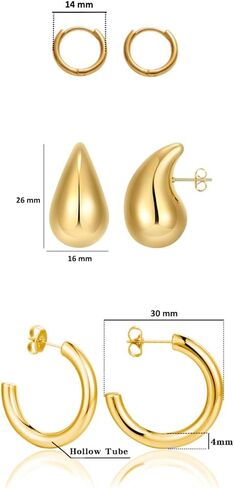 3 Pairs Hoop Earrings Set with Gold and Silver Plated | 18K Gold Plated 26mm Waterdrop Hollow Open Hoops | 14K Gold Plated 30mm Tube Hoops |14mm Huggie Hoops Fashion Jewelry Earrings in Saudi Arabia