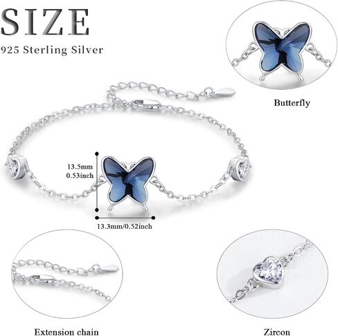 Butterfly Bracelet for Women 925 Sterling Silver Blue Butterfly Crystal Bracelet Adjustable Jewelry Graduation Birthday Gifts for Butterfly Lovers Friends Sister in Kuwait