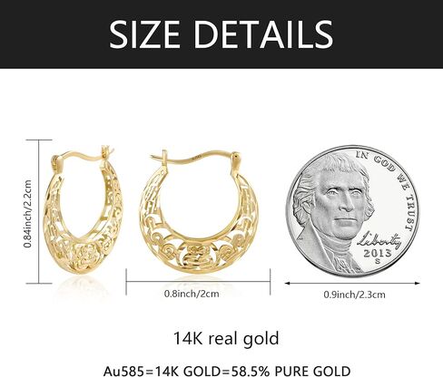 14K الصلبة الأصفر أقراط طارة الذهب داينتي الجوف منحوتة زهرة الكرمة خمر تخريمية الملمس القمر هوب أقراط in Kuwait