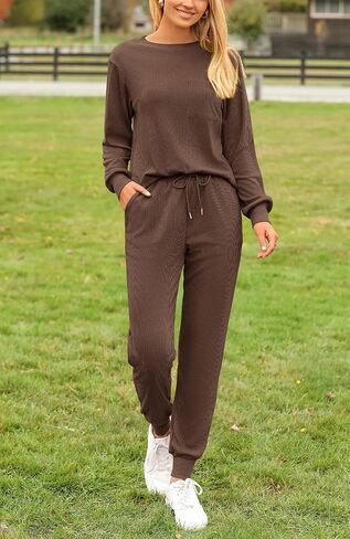 BTFBM Women's Two Piece Tracksuit Fall Long Sleeve Ribbed Knit Sweatshirt Long Pants With Drawstring Sweatsuit Sets in Saudi Arabia