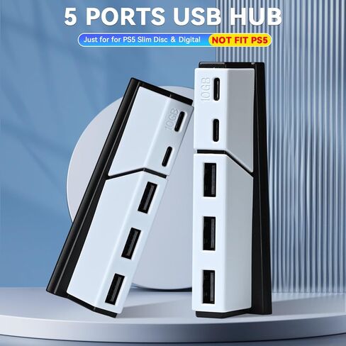 موزع USB بـ 5 منافذ لأقراص PS5 النحيفة والرقمية (لا يناسب PS5)، ملحقات PS5 النحيفة، منفذ موسع عالي السرعة، 2 نوع C 3.0 + 3 USB 3.0، أبيض in Kuwait