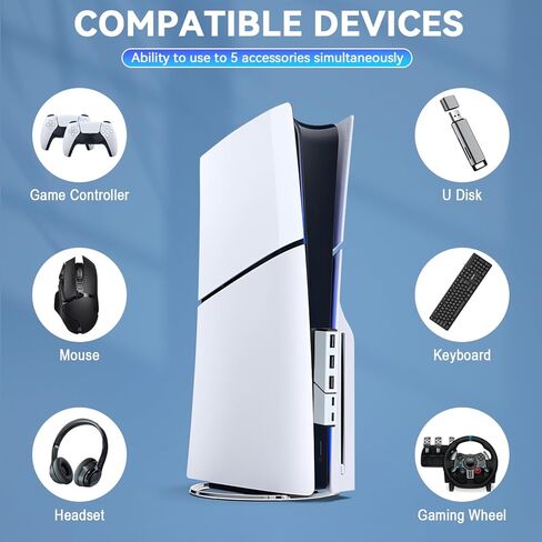 موزع USB بـ 5 منافذ لأقراص PS5 النحيفة والرقمية (لا يناسب PS5)، ملحقات PS5 النحيفة، منفذ موسع عالي السرعة، 2 نوع C 3.0 + 3 USB 3.0، أبيض in Kuwait