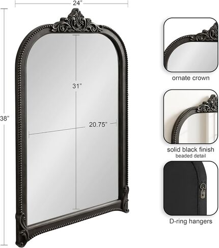 Kate and Laurel Hubanks Vintage Decorative Wide Arched Mirror, 40 x 30, Black, Large Antique Statement Arch Mirror for Dresser or Mantel Home Decor Options in Saudi Arabia