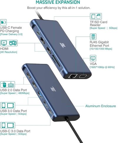 موزع USB-C من Tiergrade، محطة إرساء ثلاثية العرض 12 في 1 4K مع 2HDMI، VGA، شحن PD 100 واط، USB 3.0 مع نقل بيانات بسرعة 5 جيجابت في الثانية، إيثرنت، فتحة TF/SD، متوافقة مع أجهزة الكمبيوتر المحمولة من النوع C in Saudi Arabia