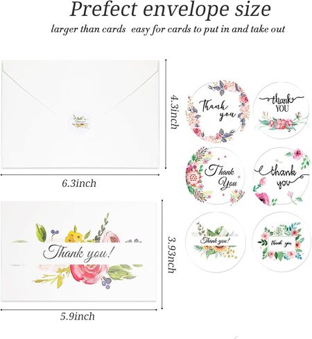 Floral Thank You Cards with Envelopes Thank You Notes With Envelopes Set - Flower Thank You Cards With Envelope and Stickers for Wedding, Bridal Showers, Baby Showers 12 Pack Greeting Card (4"x6") in Saudi Arabia