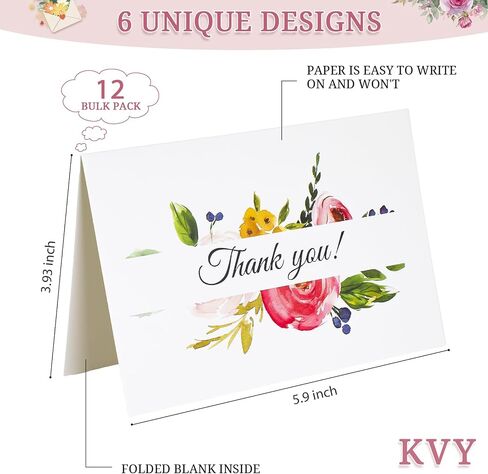 Floral Thank You Cards with Envelopes Thank You Notes With Envelopes Set - Flower Thank You Cards With Envelope and Stickers for Wedding, Bridal Showers, Baby Showers 12 Pack Greeting Card (4"x6") in Saudi Arabia