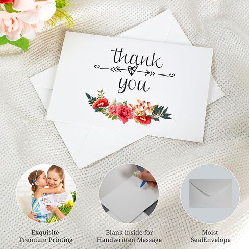 Floral Thank You Cards with Envelopes Thank You Notes With Envelopes Set - Flower Thank You Cards With Envelope and Stickers for Wedding, Bridal Showers, Baby Showers 12 Pack Greeting Card (4"x6") in Saudi Arabia