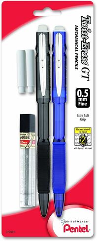 Pentel Twist-Erase GT (0.5mm) Mechanical Pencil, Lead, 2 Erasers, Assorted Barrel Colors, Color May Vary, Pack of 2 (QE205LEBP2M) in Saudi Arabia