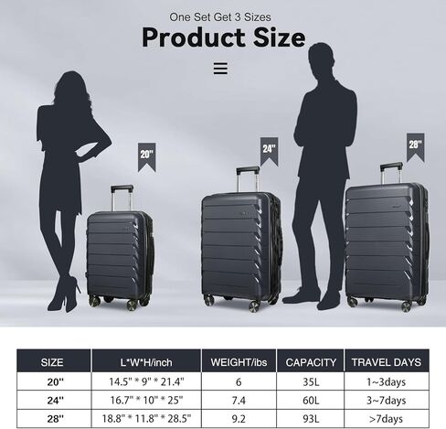 FOCHIER F مجموعات الأمتعة القابلة للتوسيع 3 قطع مع قفل TSA، مجموعة الأمتعة مجموعة حقيبة سفر من مادة PP مع عجلات دوارة للرجال والنساء، 20 بوصة/24 بوصة/28 بوصة in Kuwait