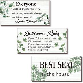 3 Pcs Green Bathroom Rules Decor Green Bathroom Decor Rustic Farmhouse Wooden Best Seat in The House Green Hanging Wall Art Green Accessories for Bathroom Toilet Decor(Green Leaves 10x5")