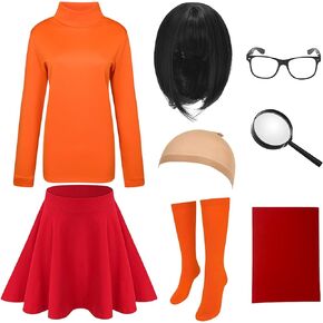 Velma Costume adult Women Halloween Costumes Bob Wig Orange Long-sleeved turtleneck top Socks Skirt Glasses