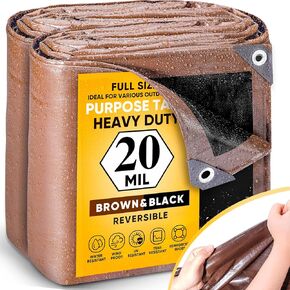 GZBtech TarpTech 20Mil Super Heavy Duty Tarp 6x8FT, Waterproof Thick Brown&Black Outdoor PE Tarps for Patio Garden Use, UV Resistant Plastic Ground Cover for Trailer Car Truck Bike Pool Firewood