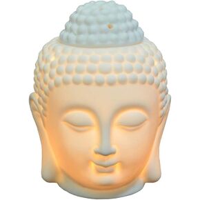 1PCS Ceramic Buddha Head Essential Oil Burner with Candle Spoon, Aromatherapy Wax Melt Burners Oil Diffuser Tealight Candle Holders Buddha Ornament for Yoga Spa Home Bedroom Decor Gift (White)