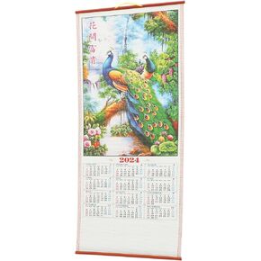 Artibetter Chinese Wall Scroll Calendar, 2024 Wall Calendar Chinese Auspicious Calendar Picture of The Peacock Traditional Calendars Chinese Lunar Calendar for Home B