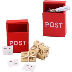 2 Sets 1:12 Miniatures Dollhouse Wooden Red Mailbox with Mail Sack Postcard Newspaper Dollhouse Miniature Letter Box Ornaments Christmas Decorations
