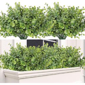 TOCHGREEN 8 Bundles Artificial Eucalyptus Leaves Plants Outdoor UV Resistant Faux Plastic Boxwood Shrubs Fake Greenery Plants for Home Farmhouse Porch Patio Window Garden Decoration (green)