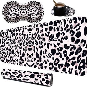 Extended Game XXL Desktop Pad+Mouse Wrist Cushion+Coaster Suite, Non -Slip Rubber Base Mouse Pad and Suture Edge, Memory Foam Wrist Rest Support, Cow Print