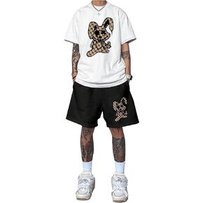WDIRARA Men's 2 Piece Outfits Cartoon Graphic Print Casual Short Sleeve T Shirt and Shorts Set