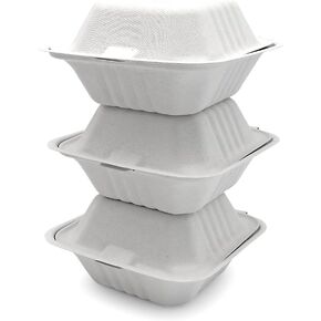 Hamburger Boxes, 6" Square, 450ml,125 Count, Disposable and Compostable. 6" X 6" X 3"