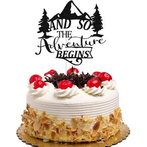 And So The Adventure Begins Cake Topper for Baby Shower/Graduation/Wedding/Going Away/Engagement/Retirement Celebration Party Decoration Supplies, Black Glitter