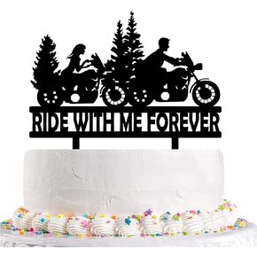 Funny Motorcycle Wedding Cake Topper - Ride with Me Forever Cake Topper - Mr & Mrs Romantic Cake Topper For Bridal Shower Engagement Wedding Anniversary Party Decor