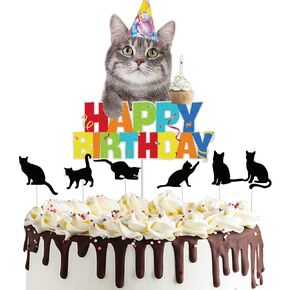 7Pcs Cat Happy Birthday Cake Topper Party Supplies Decorations Colorful Glitter Cartoon Cat Themed Birthday Backdrop Decor Kitten Pet Cat Face Cake Topper Stick Sign