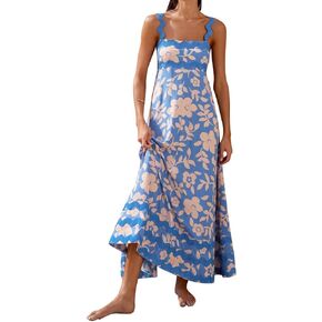 Summer Dresses for Women 2024 Rickrack Trim Spaghetti Straps Smocked Boho Flowy Loose A-Line Maxi Dress